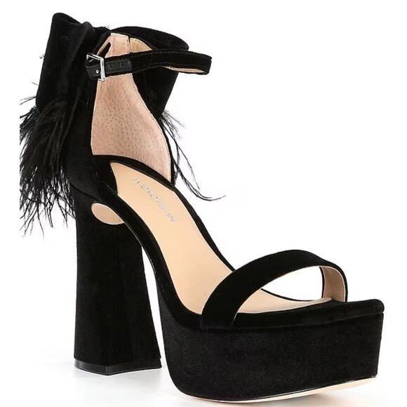 Antonio Melani Janie Black Velvet Rhinestone Bow Feather Platform Dress Sandals - Picture 1 of 8